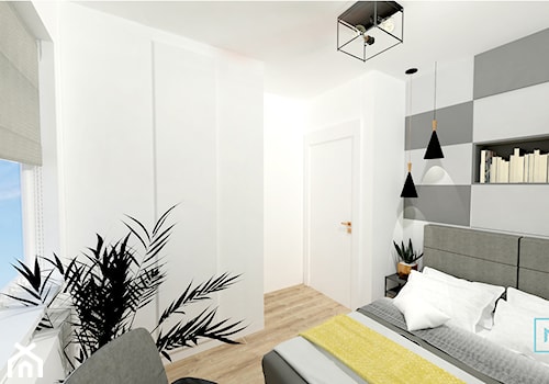 Małe M rodzinne meszkanie w musztardowym kolorze - Średnia biała szara sypialnia, styl skandynawski - zdjęcie od MdoKwadratu