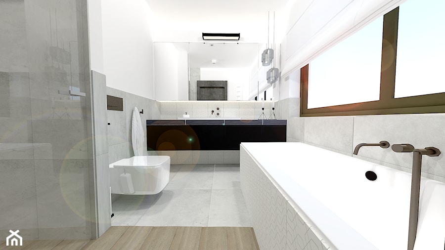 Projekt modern minimalist salon - Średnia z lustrem z punktowym oświetleniem łazienka z oknem, styl minimalistyczny - zdjęcie od MdoKwadratu