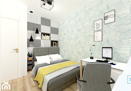 Małe M rodzinne meszkanie w musztardowym kolorze - Mała biała szara sypialnia, styl skandynawski - zdjęcie od MdoKwadratu