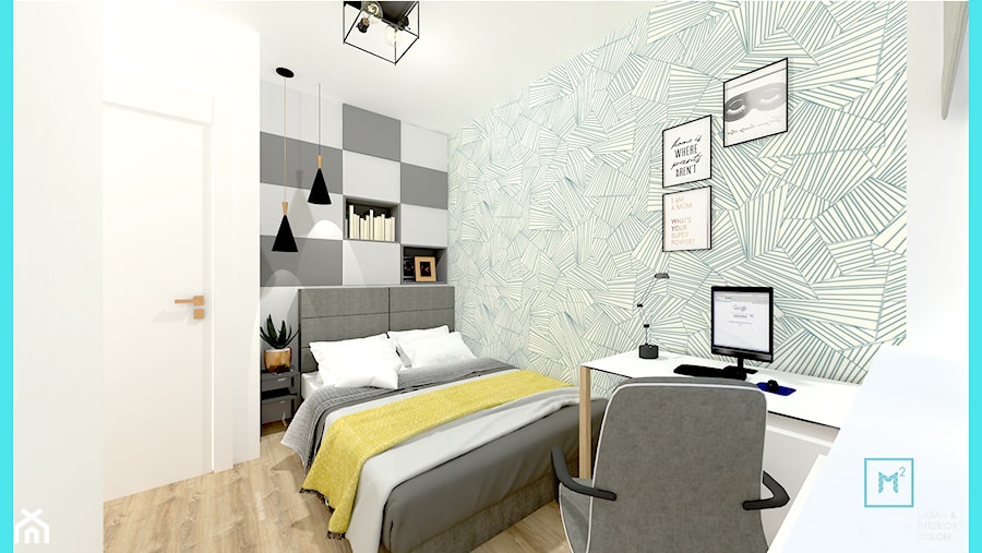 Małe M rodzinne meszkanie w musztardowym kolorze - Mała biała szara sypialnia, styl skandynawski - zdjęcie od MdoKwadratu