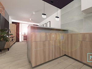 FIOLETOWE MIESZKANIE DLA KAWALERA - Mała otwarta z salonem biała szara z zabudowaną lodówką kuchnia w kształcie litery l z oknem, styl minimalistyczny - zdjęcie od MdoKwadratu