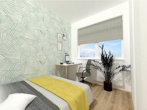Małe M rodzinne meszkanie w musztardowym kolorze - Mała biała zielona z biurkiem sypialnia, styl skandynawski - zdjęcie od MdoKwadratu