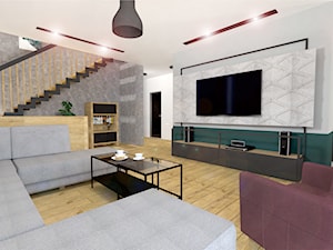 Projekt modern minimalist salon - Duży szary zielony salon z jadalnią z barkiem, styl minimalistyczny - zdjęcie od MdoKwadratu