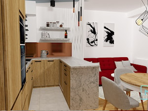 Ponadczasowo - Średnia otwarta z salonem biała brązowa z zabudowaną lodówką z nablatowym zlewozmywakiem kuchnia w kształcie litery u, styl skandynawski - zdjęcie od MdoKwadratu