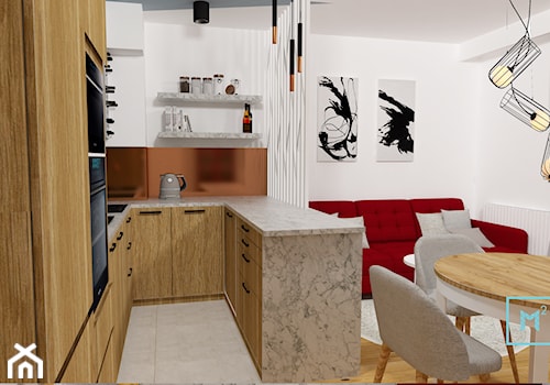 Ponadczasowo - Średnia otwarta z salonem biała brązowa z zabudowaną lodówką z nablatowym zlewozmywakiem kuchnia w kształcie litery u, styl skandynawski - zdjęcie od MdoKwadratu