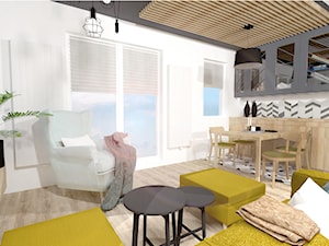Małe M rodzinne meszkanie w musztardowym kolorze - Mały biały salon z kuchnią z jadalnią z tarasem / balkonem, styl skandynawski - zdjęcie od MdoKwadratu