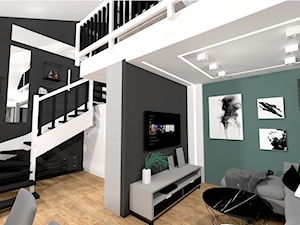 Mieszkanie z antresolą - Mały szary zielony salon z antresolą, styl industrialny - zdjęcie od MdoKwadratu