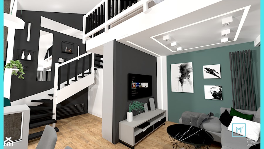 Mieszkanie z antresolą - Mały szary zielony salon z antresolą, styl industrialny - zdjęcie od MdoKwadratu