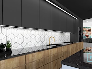 Black & White - Średnia otwarta z salonem z kamiennym blatem biała z zabudowaną lodówką z nablatowym zlewozmywakiem kuchnia jednorzędowa z wyspą lub półwyspem, styl nowoczesny - zdjęcie od MdoKwadratu