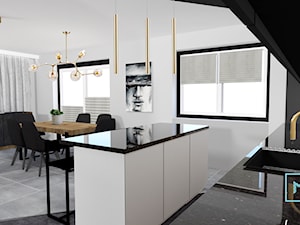 Black & White - Średnia otwarta z salonem biała szara z zabudowaną lodówką z nablatowym zlewozmywakiem kuchnia jednorzędowa z wyspą lub półwyspem z oknem, styl nowoczesny - zdjęcie od MdoKwadratu