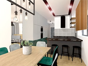 Projekt modern minimalist salon - Średnia otwarta z salonem z kamiennym blatem biała szara z zabudowaną lodówką kuchnia w kształcie litery u z oknem, styl minimalistyczny - zdjęcie od MdoKwadratu