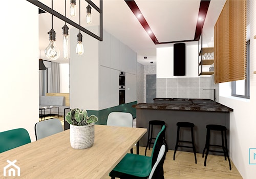 Projekt modern minimalist salon - Średnia otwarta z salonem z kamiennym blatem biała szara z zabudowaną lodówką kuchnia w kształcie litery u z oknem, styl minimalistyczny - zdjęcie od MdoKwadratu