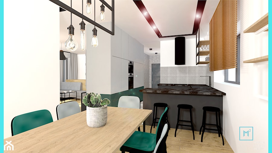 Projekt modern minimalist salon - Średnia otwarta z salonem z kamiennym blatem biała szara z zabudowaną lodówką kuchnia w kształcie litery u z oknem, styl minimalistyczny - zdjęcie od MdoKwadratu