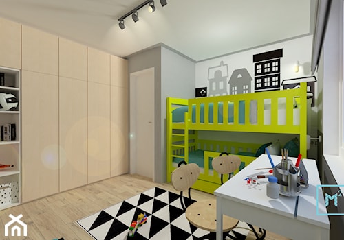 Skandynawskie M3 dla 4 os rodziny z dodatkiem koloru - Duży biały pokój dziecka dla dziecka dla chłopca dla dziewczynki dla rodzeństwa, styl nowoczesny - zdjęcie od MdoKwadratu