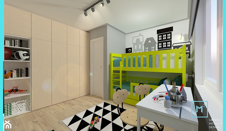 Skandynawskie M3 dla 4 os rodziny z dodatkiem koloru - Duży biały pokój dziecka dla dziecka dla chłopca dla dziewczynki dla rodzeństwa, styl nowoczesny - zdjęcie od MdoKwadratu