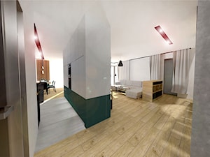 Projekt modern minimalist salon - Średnia otwarta z salonem z kamiennym blatem szara z zabudowaną lodówką kuchnia w kształcie litery u z oknem, styl minimalistyczny - zdjęcie od MdoKwadratu