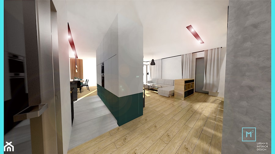 Projekt modern minimalist salon - Średnia otwarta z salonem z kamiennym blatem szara z zabudowaną lodówką kuchnia w kształcie litery u z oknem, styl minimalistyczny - zdjęcie od MdoKwadratu