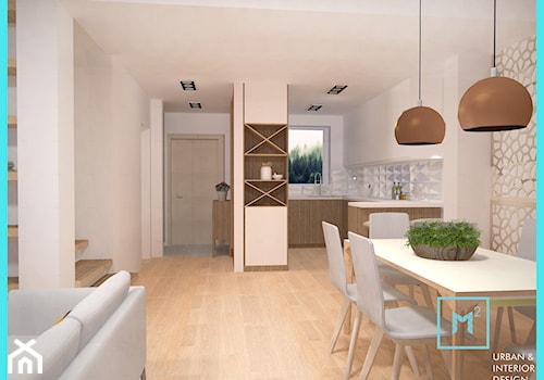 Drewno i cegła - Ciepłe mieszkanie w szeregowcu - Średnia biała jadalnia w salonie, styl nowoczesny - zdjęcie od MdoKwadratu