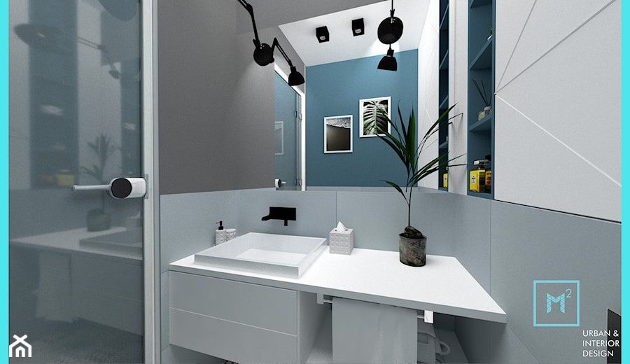 Projekt modern minimalist salon - Mała z lustrem z punktowym oświetleniem łazienka, styl minimalistyczny - zdjęcie od MdoKwadratu