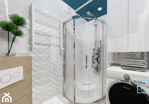 Łazienka mała z pomysłem - Mała bez okna z pralką / suszarką z punktowym oświetleniem łazienka, styl skandynawski - zdjęcie od MdoKwadratu