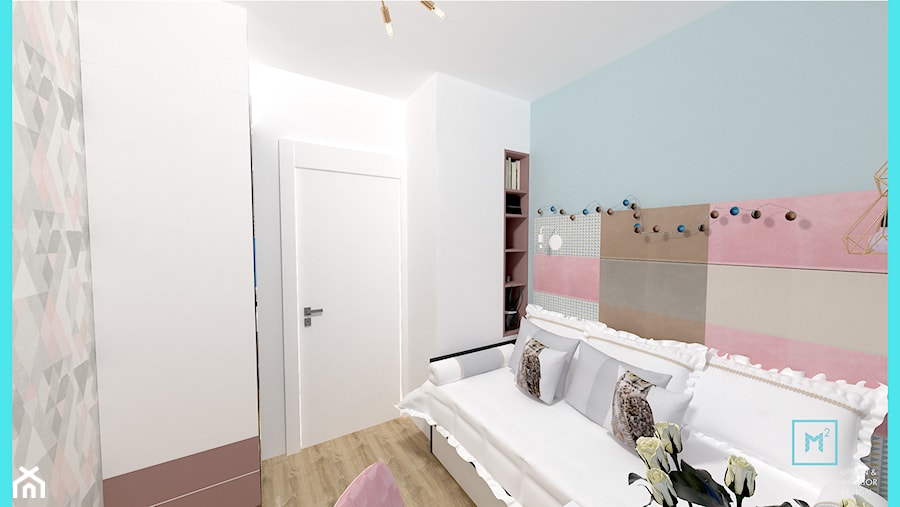 Małe M rodzinne meszkanie w musztardowym kolorze - Mały biały szary pokój dziecka dla dziecka dla nastolatka dla dziewczynki, styl skandynawski - zdjęcie od MdoKwadratu