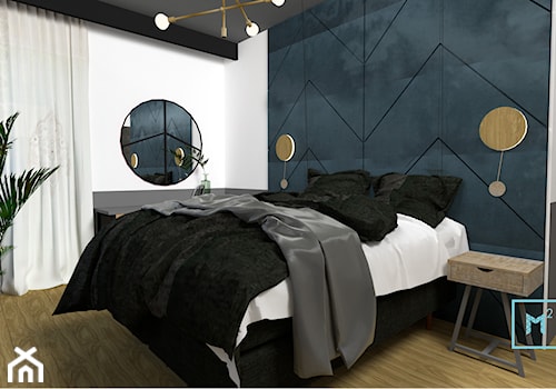 Projekt modern minimalist salon - Średnia biała czarna niebieska sypialnia, styl minimalistyczny - zdjęcie od MdoKwadratu