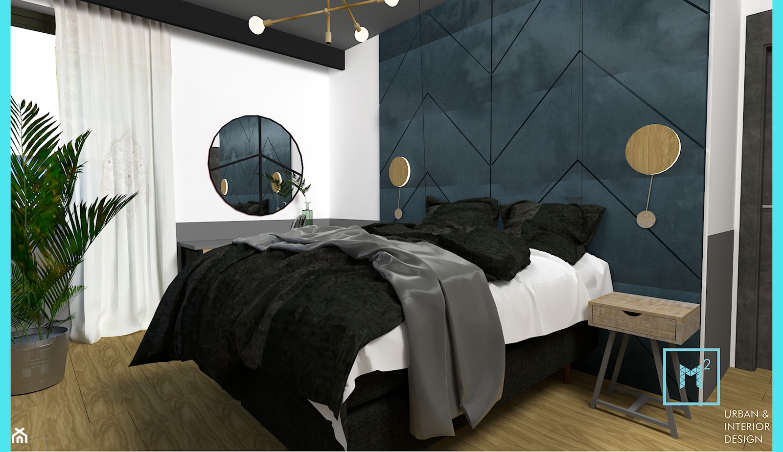 Projekt modern minimalist salon - Średnia biała czarna niebieska sypialnia, styl minimalistyczny - zdjęcie od MdoKwadratu - Homebook