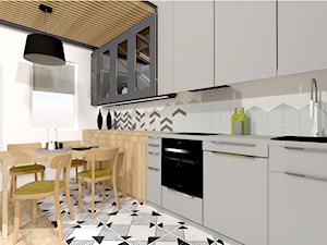 Małe M rodzinne meszkanie w musztardowym kolorze - Średnia otwarta z kamiennym blatem biała szara z zabudowaną lodówką z nablatowym zlewozmywakiem kuchnia jednorzędowa z oknem, styl skandynawski - zdjęcie od MdoKwadratu