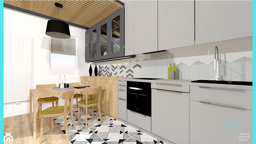 Małe M rodzinne meszkanie w musztardowym kolorze - Średnia otwarta z kamiennym blatem biała szara z zabudowaną lodówką z nablatowym zlewozmywakiem kuchnia jednorzędowa z oknem, styl skandynawski - zdjęcie od MdoKwadratu