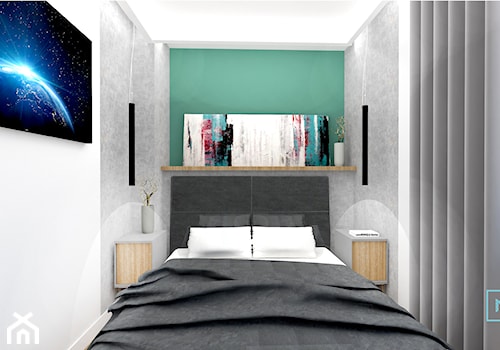 Mieszkanie z antresolą - Mała biała miętowa szara sypialnia, styl industrialny - zdjęcie od MdoKwadratu
