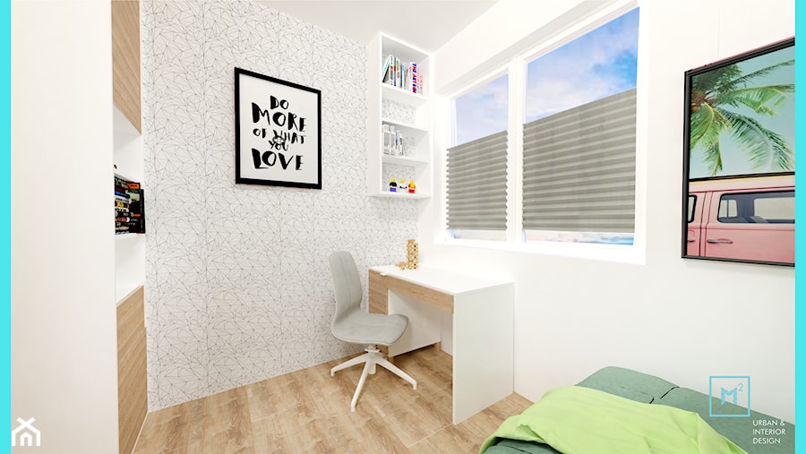 Małe M rodzinne meszkanie w musztardowym kolorze - Mały biały szary pokój dziecka dla nastolatka dla chłopca dla dziewczynki, styl skandynawski - zdjęcie od MdoKwadratu