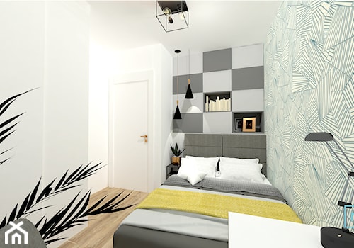 Małe M rodzinne meszkanie w musztardowym kolorze - Mała biała z biurkiem sypialnia, styl skandynawski - zdjęcie od MdoKwadratu