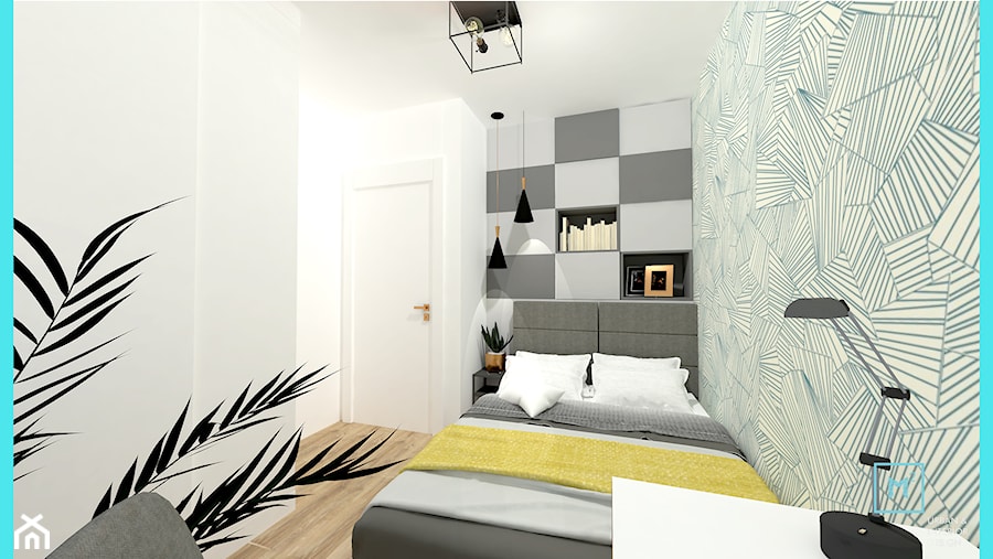 Małe M rodzinne meszkanie w musztardowym kolorze - Mała biała z biurkiem sypialnia, styl skandynawski - zdjęcie od MdoKwadratu