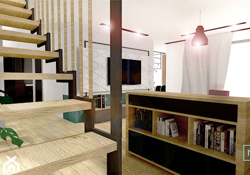 Projekt modern minimalist salon - Duży biały salon z tarasem / balkonem z bibiloteczką, styl minimalistyczny - zdjęcie od MdoKwadratu