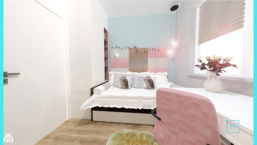 Małe M rodzinne meszkanie w musztardowym kolorze - Średni biały szary niebieski pokój dziecka dla dziecka dla nastolatka dla dziewczynki, styl skandynawski - zdjęcie od MdoKwadratu