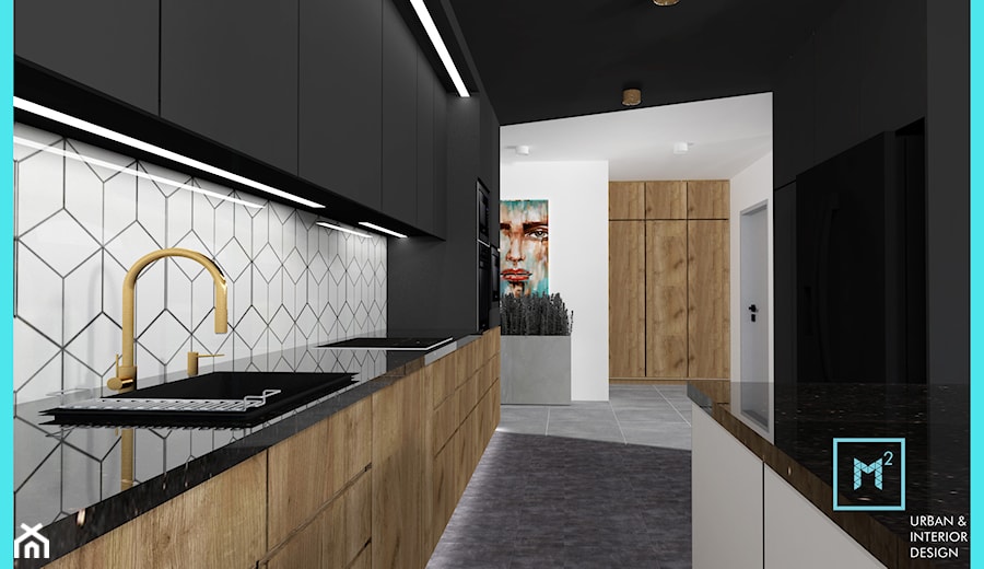 Black & White - Średnia otwarta z salonem biała czarna z zabudowaną lodówką z nablatowym zlewozmywakiem kuchnia w kształcie litery u, styl nowoczesny - zdjęcie od MdoKwadratu