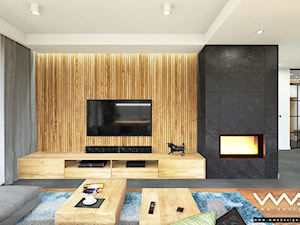 projekt wnętrz domu | Warszawa - Duży beżowy biały szary salon z bibiloteczką, styl nowoczesny - zdjęcie od WMA Design
