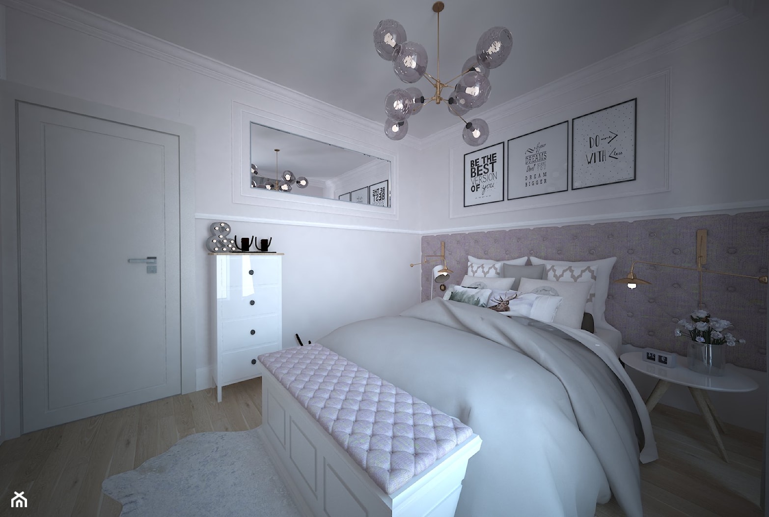 Mieszanka stylów z domieszką medzi w jednym mieszkaniu - Średnia biała szara z panelami tapicerowanymi sypialnia, styl glamour - zdjęcie od Latre DESIGN - Homebook