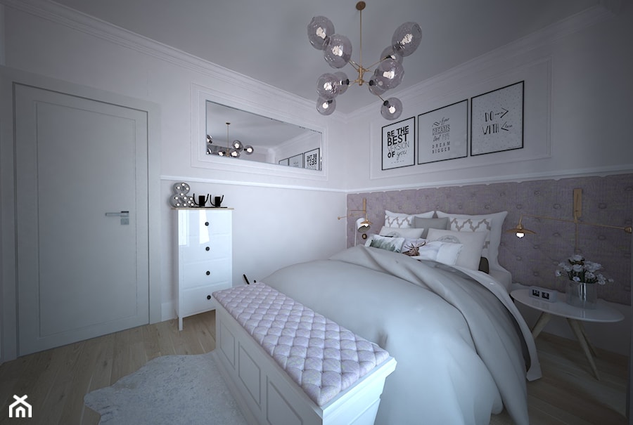 Mieszanka stylów z domieszką medzi w jednym mieszkaniu - Średnia biała szara z panelami tapicerowanymi sypialnia, styl glamour - zdjęcie od Latre DESIGN