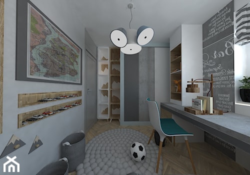 Mieszkanie na Bemowie z akcentem Indigo - Duży biały szary pokój dziecka dla nastolatka dla chłopca dla dziewczynki, styl skandynawski - zdjęcie od Latre DESIGN