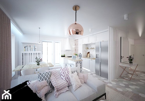 Mieszanka stylów z domieszką medzi w jednym mieszkaniu - Średnia biała jadalnia w salonie w kuchni, styl nowoczesny - zdjęcie od Latre DESIGN