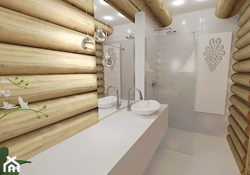 Mała łazienka w domu z bali - Mała na poddaszu bez okna z lustrem łazienka, styl rustykalny - zdjęcie od MProjektStudio
