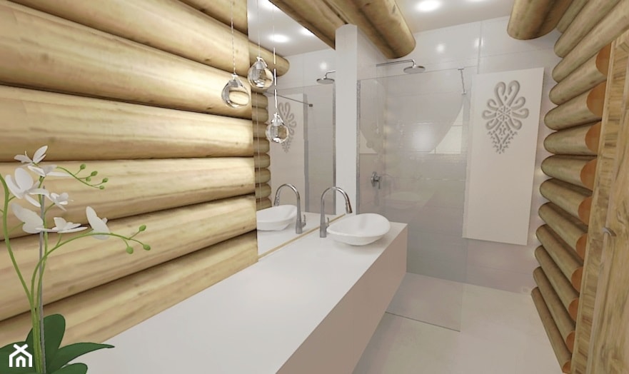 Mała łazienka w domu z bali - Mała na poddaszu bez okna z lustrem łazienka, styl rustykalny - zdjęcie od MProjektStudio - Homebook