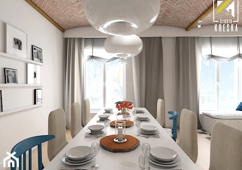 Projekt aranżacji wnętrz domu parterowego w Gostyniu pod Głogowem - Duża biała jadalnia w salonie - zdjęcie od kreska.studio