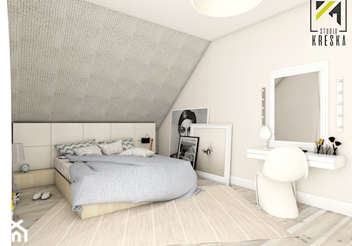 Aranżacja wnętrz domu w Kościanie - Duża biała szara sypialnia na poddaszu, styl nowoczesny - zdjęcie od kreska.studio