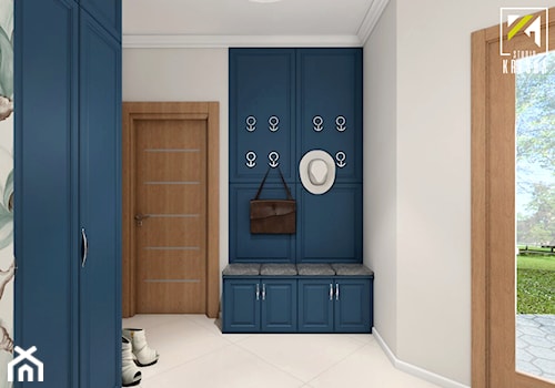 Projekt aranżacji wnętrz domu pod Jaworem - Średni z wieszakiem beżowy niebieski hol / przedpokój - zdjęcie od kreska.studio