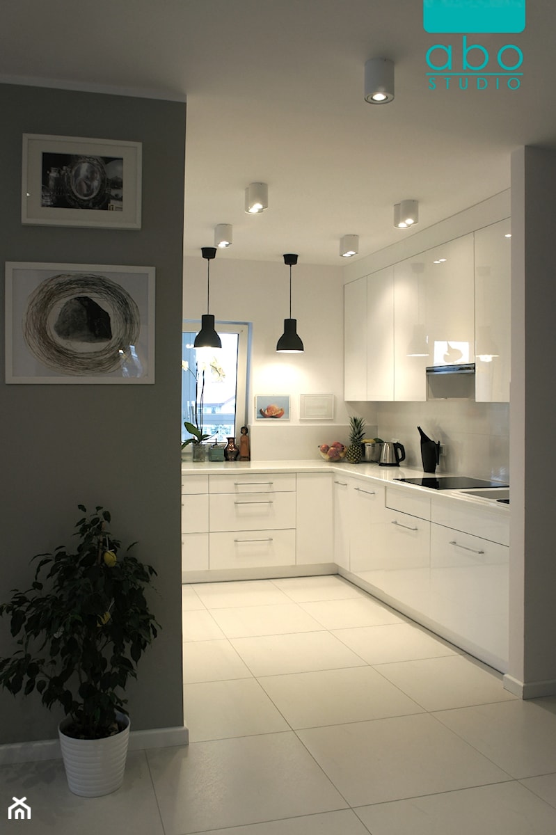apartament Polanka- kuchnia, Poznań - Średnia otwarta z salonem biała kuchnia w kształcie litery u z kompozytem na ścianie nad blatem kuchennym, styl minimalistyczny - zdjęcie od abostudio