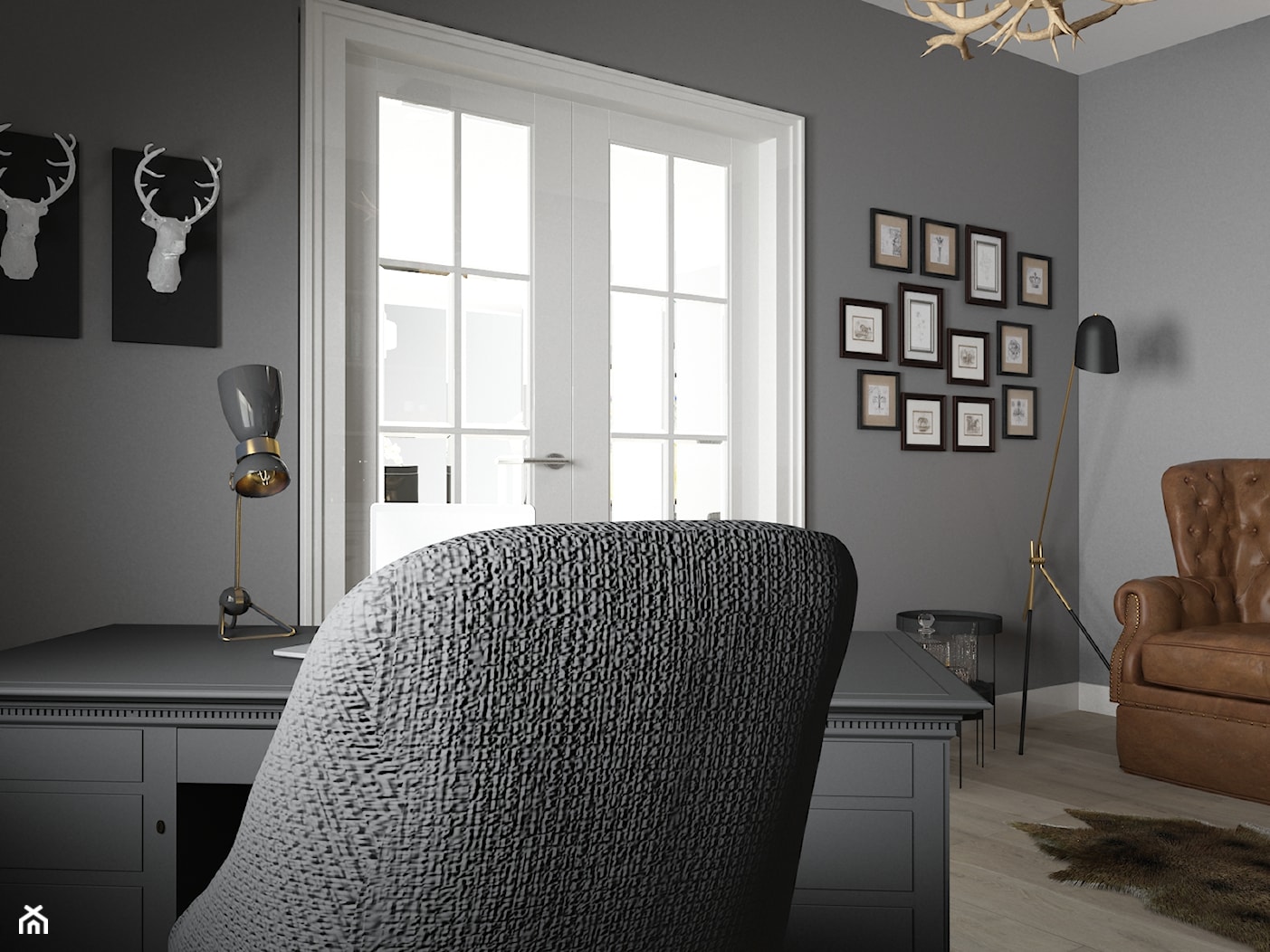 Gabinet nowoczesny w stylu myśliwskim - Średnie w osobnym pomieszczeniu z sofą szare biuro, styl nowoczesny - zdjęcie od studio BOMBE - Homebook