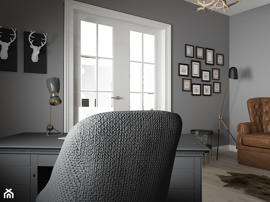Gabinet nowoczesny w stylu myśliwskim - Średnie w osobnym pomieszczeniu z sofą szare biuro, styl nowoczesny - zdjęcie od studio BOMBE