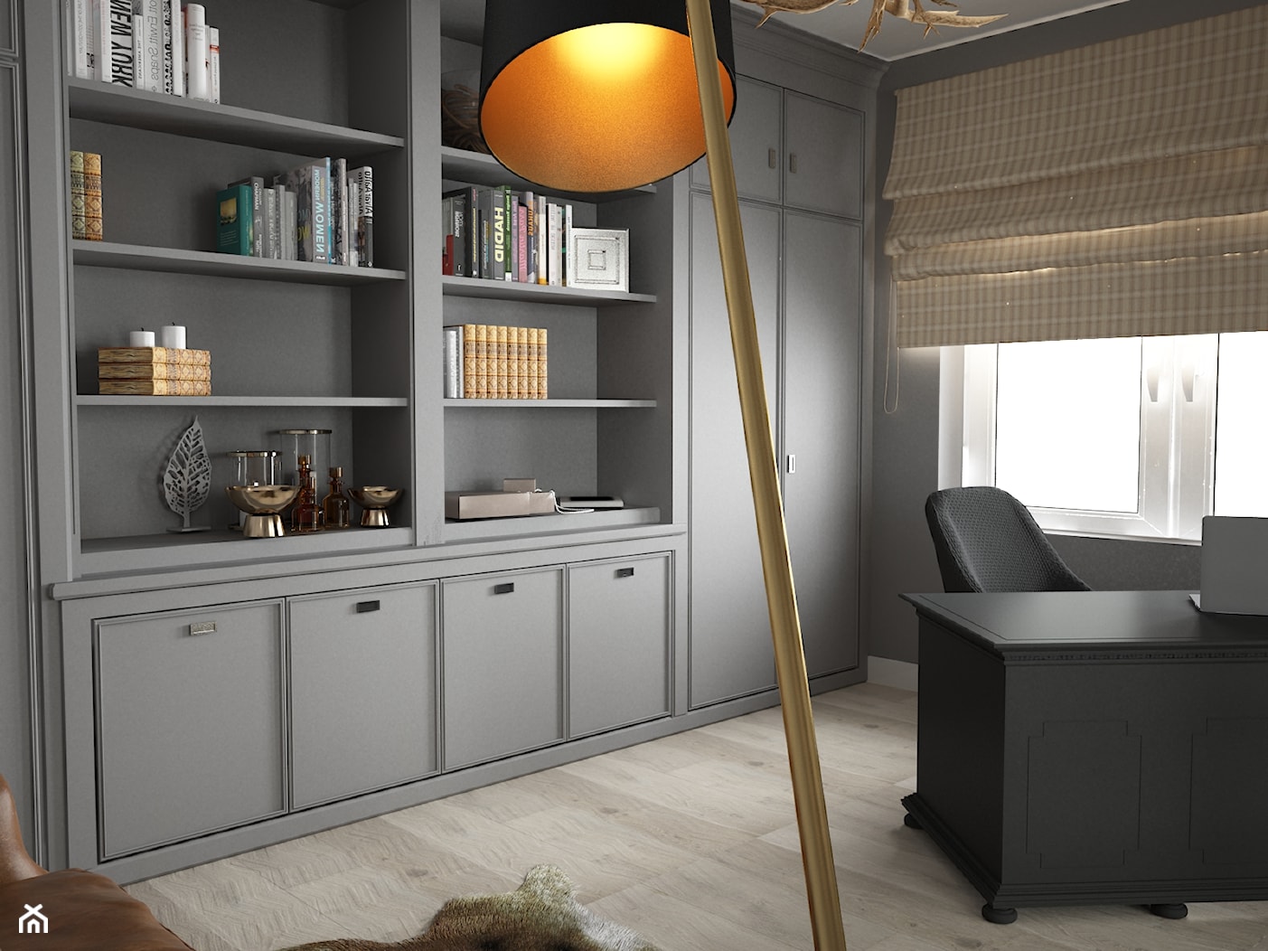 Gabinet nowoczesny w stylu myśliwskim - Średnie szare biuro, styl nowoczesny - zdjęcie od studio BOMBE - Homebook